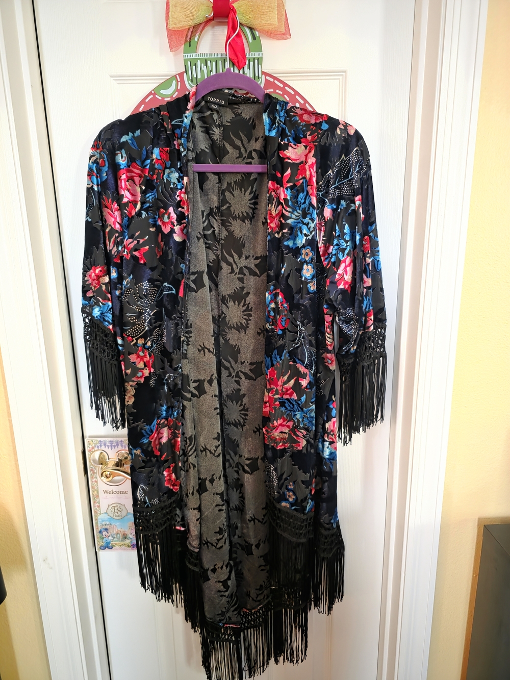 torrid Black Floral Fringe Kimono Robe with Pink & Blue Blooms